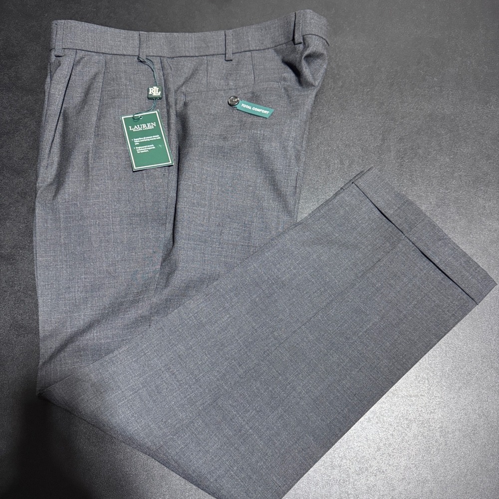 Lauren Ralph Lauren Dress Pants Mens 36W Gray Solid Pleated Cuffed Wool NWT